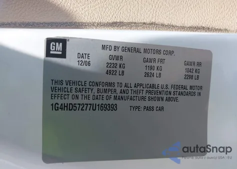 2007 Buick Lucerne Cxl из США, поврежденный, VIN 1G4HD57277U169393